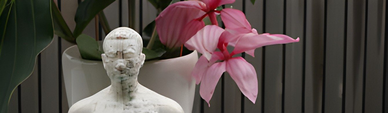 Acupunctuurmodel naast een orchidee